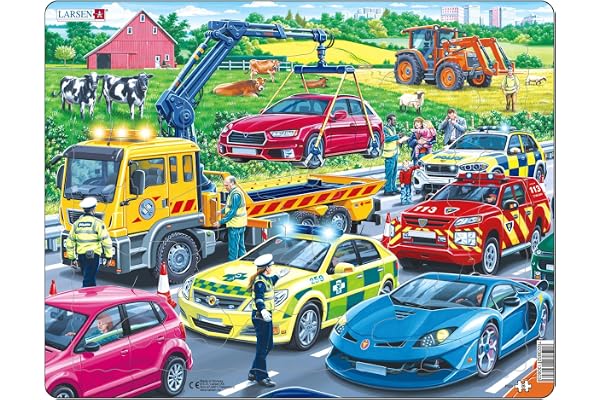 Larsen PG3 Puzzle Véhicules de Secours 26 pièces – Apprentissage & Motricité – Plateau et Cadre pour Assemblage Facile – Enfants & Famille