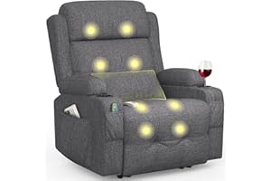 BareTay Recliner Armchair Electric Recliner Chair with Massage & Heat, Extended Footrest,Reclining Chair Lounge Sofa with Extra Pillow, Type C+USB Dual Drink Holders, 4 Side Pockets Padded Recliners