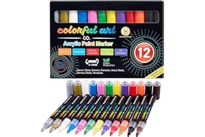 Colorful Art Co. Acrylic Paint Pens – 12 Pack of Permanent, Waterproof Paint Markers w/Reversible Brush Tips for Kids and Adults - Acrylic Pens for Rocks, Wood, Glass, Fabric & Stone – Art Supplies