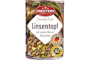 ‎DREISTERN DREISTERN Linsentopf 400g I Mit Wiener Würstchen & Gemüse I Herzhafter Eintopf in recyclebarer Konservendose I Lange Haltbarkeit dank natürlicher Konservierung I Hausmacher Qualität