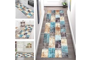 ‎SGLGSTORE Teppich Läufer Flur Küche rutschfest waschbar Küchenläufer Korridor Tepiche Lang 50X200CM Blau Braun Grau Teppichläufer Meterware Kücheteppich Schlafzimmer Wohnzimmer Flurmatte Breit 40-120cm