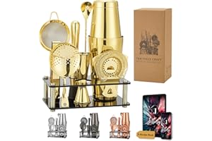 Jettory Boston - Set di 10 shaker da cocktail in acciaio inox, con base acrilica, colino da bar, pinza per ghiaccio, cucchiaio da bar, misurino, pestello, perfetto per il bar di casa (oro)