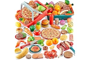 COMIRTH Play Food Sets for Kids Kitchen-80PC Pretend Food with 2 Kids Picnic Basket, Toy Food with Pizza Toy, Plastic Food Cutting Toys, Play Kitchen Accessories - Fake Food, Boys Girls Gifts