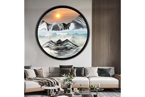 OLYWEI 23.6'' Moving Sand Art Picture Round Glass 3D Deep Sea Sandscape Room Decoration, Glass Crafts Solid Wood Frame, Relaxing Mood Home Office Work Wall Art Decor（Black）