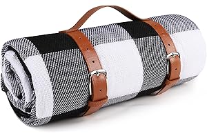 Ben & Bel Couverture de pique-nique étanche et résistante au sable pliable et portable avec poignée en cuir synthétique pour activités de plein air, voyage, camping, noir et blanc, 150 x 200 cm XL