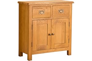 ROSELANDFURNITURE Lanner Oak Mini Sideboard Cabinet | Traditional Rustic Waxed Small 2 Drawer Solid Wood Storage Cupboard for Dining Room, Hallway or Living Room | Fully Assembled 80 x 75 x 33.5 cm
