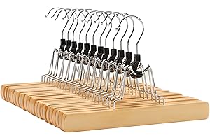 ‎SONGMICS SONGMICS Napinacz do spodni, 12 sztuk, wieszak na ubrania z drewna, wieszak na spodnie, antypoślizgowy, chromowany haczyk, obracany o 360 stopni, naturalny CRW007-12