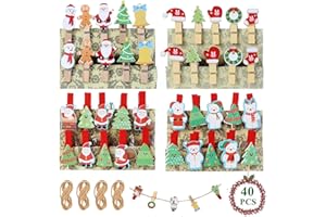 QXRXN Lot de 40 petites pinces à linge en bois avec ficelle de jute - Mini pinces décoratives de Noël avec motif de Noël pour photos, mur photo, cartes postales, lettres, décoration de Noël
