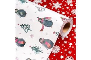 Wikadlik Christmas Wrapping Paper - 43cm x 10m Cute Penguin Wearing Scarf Snowflake Tree Design Presents Packing Paper