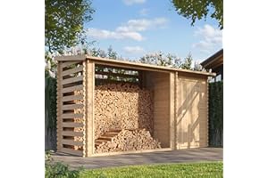 Caseta de jardín con leñera - Cobertizo de Jardín para Leña - A199x348x146 cm/ 2,54 m2+1,1 m2- Pequeño cobertizo para Herramientas, Almacenamiento de Bicicletas- TIMBELA M205