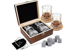 AYAOQIANG Whisky Steine Geschenkset – 8 Whisky Eiswürfel Wiederverwendbar und 2 * Whiskygläser, Whiskey Rocks Cooling Stones, Geschenk Box aus Holz, Männer und Frauen.
