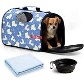Foldable Fabric Dog and Cat Carrier with Dish and Travel Blanket | Ideal for small and medium dogs and cats. Lightweight, stu