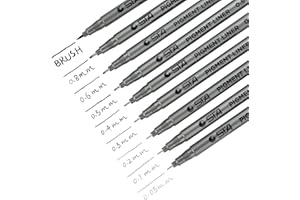 DealKits 9 Fineliner Stifte, Wasserdicht Pigmentliner Set(8 Linienbreiten und 1 Brush) Zum Skizzieren, Künstler Illustration, Tchnische Zeichnung, Office-Dokumente - Schwarz