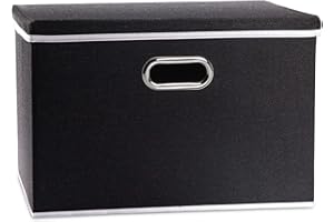 Prandom Grande bac de rangement pliable en lin avec couvercle,[lot de 1] Boîte de rangement en tissu de lin,Noir (43x30x30cm)