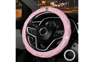 coofig Steering Wheel Covers with Bling Diamond,Universal Leather Anti-Slip Car Steering Wheel Cover Sparkly Crown Car Accessories for Women Ladies (Pink)
