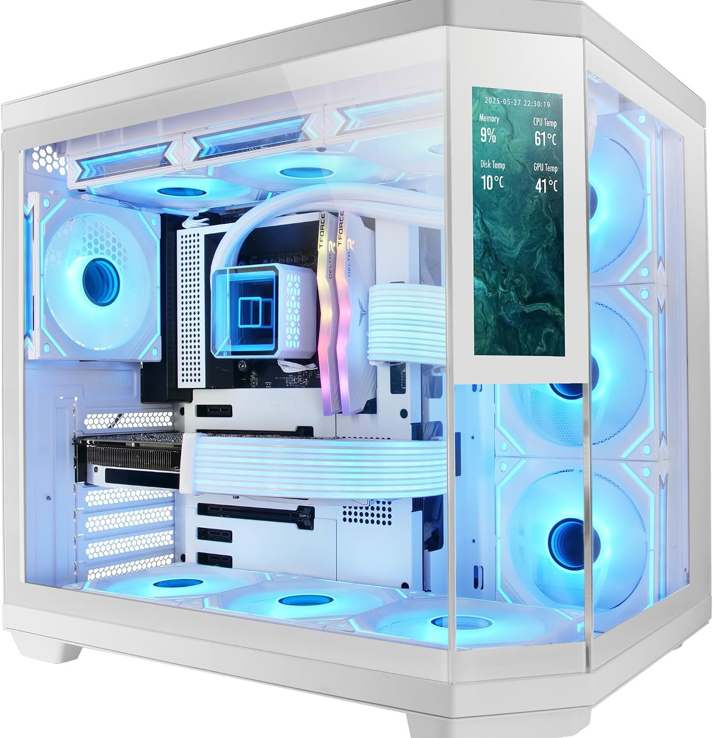 Mars Gaming MC-3TCORELCD Caja Gaming ATX, Pantalla IPS 7,2” Personalizable, Triple Cristal Templado Extraíble, Estructura Doble Cámara Lateral, Soporte de Refrigeración Líquida hasta 360mm, Blanco