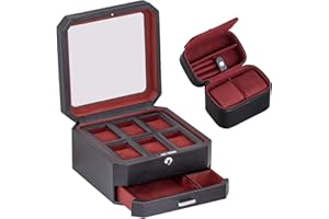 ROTHWELL Boîte à montres en cuir à 6 emplacements avec tiroir pour homme – Boîte de rangement de luxe pour montres avec doublure en microdaim avec dessus en verre Coffret cadeau -noir/rouge