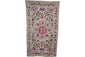 Original Kikan Tapiz rectangular floral Suzani Art con lentejuelas indias para colgar en la pared, de algodón, bordado, estilo étnico bohemio (gris)