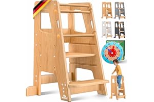 KIDIZ® Tour d'apprentissage pour enfants à partir de 1 an avec horloge d'apprentissage | Marchepied réglable en hauteur sur 3 niveaux en bois de pin | Favorise la motricité ludique et la tour