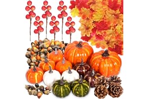 TEWWCEO Set di Decorazioni per il Ringraziamento 162 pezzi, Set di Zucche Artificiali per Halloween, Foglie di Acero Artificiali, Zucca Raccolta, Ghiande Piccole, Pigne, per Decorazione Autunnale
