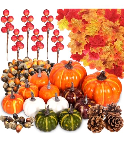 Citrouilles Artificielles Décorations Automne - Avec Feuilles D'érable, Baies, Pour Table Thanksgiving, Photo, 20x19 Cm - 8