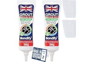 BONDIFY Kit Riparazione Fughe Piastrelle Bianco, Asciugatura Rapida 360g x 2 ANTI-MUFFA Tubetto Stucco per Piastrelle Bagno & Doccia Grout Repair Kit, Stucco per Fughe Pavimento, Sigillante per Malta