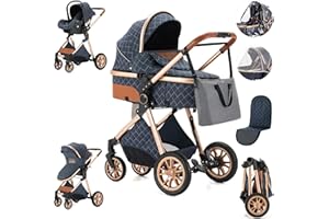 Zkiprm Poussette 3 en 1, Poussette de Ville Avec Siège D'auto, Poussettes et Landaus, Poussette Compacte Portative de Canne, Pliage D'un Clic, Combinaison de Poussette Paysage Cadre en Aluminium élevé