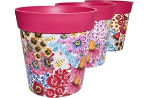 ‎HUM FLOWERPOTS Hum Flowerpots, 22 cm, 3er-Set, in Verschiedenen Farben und Mustern, Blumentöpfe aus Kunststoff für Drinnen und Draußen, Rosa Blumen und Bienen