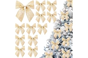 JOLCEEY Pack of 12 Christmas Gold Bows Christmas Tree Glitter Bows Christmas Tree Decorations for Christmas Wreath Decoration DIY Crafts Gifts Decoration Family Celebrations Party Decoration