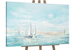 YS Tableau peinte a la mai Bleu de mer Peinture moderne Motif estival Paysage marin aux couleurs bleues avec des voiliers blancs Surface texturée 120x80 cm