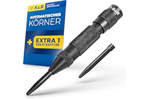 S&R Automatischer Ankörner 50-100 N, 130 mm, Federkörner mit 1 Ersatzspitze, Cr-V, Automatikkörner gerändelt, robuste langlebige Vollmetall-Ausführung, für Metall, Holz, Stein, Kunststoff uvm