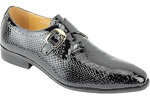 XPOSED New Mens Black Shiny Patent Real Leather Crocodile Print Smart Formal Wedding Dress Monk Shoes