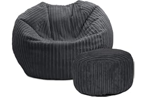 rucomfy Beanbags Soft Corduroy Mini-Slouch Kids Bean Bag Chair - Childrens Playroom Bedroom Furniture Seating - Machine Washable - Arrives Filled - H60cm x D80cm (Slate With Matching Footstool)