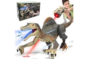 RICHGV Upgraded Remote Control Dinosaur Toys for Boys 3-10 Years Old with Indicator Light Chasing & Spray & Roar, Realistic RC Walking Spinosaurus Toys