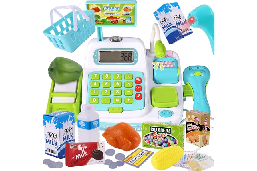 BUYGER Kids Pretend Play Toy Till Cash Register with Scanner for Ages 3 4 5 + Years Old, Light and Sounds Children Shopping Cashier Play Till Childs Supermarket Shop Toys Gifts