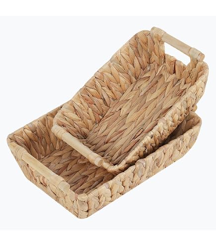 Cestini Intrecciati Per Organizzazione - Set 2 Scatole Decorativo Con Manici In Legno, Naturale (30x20x12 Cm E 25x15x10 Cm) - Foto 2