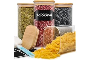 YOCOLE 1500ml Tarros de Cristal con Tapa de Bambu, 4pcs Botes de Cocina Almacenaje, Frascos para Cereales Granos Pasta