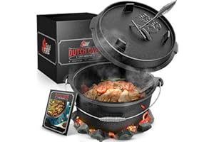 AMANDI Taste of Fire [Das Original] - 7,4 Liter Dutch Oven Set mit Standfüßen & 1,8 Liter Deckel mit Doppelfunktion zusätzlich als Grillpfanne nutzbar – inkl. Deckelheber und E-Book