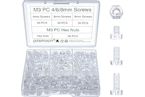Pzsmocn 180 Piezas M3 PC Juego de Tornillos y Tuercas de Acrílico Transparente. M3*4mm/M3*6mm/M3*8mm Tornillo de Plástico Phillips Pan Tornillo Manual y Juego de Tuercas Hexagonales.