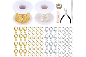 COPTINER Chaîne à maillons de 20 m - Pour fabrication de bijoux - Avec 40 fermoirs mousquetons - 100 anneaux de jonction - Doré et argenté