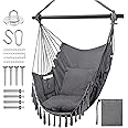 Fohome Hammock Chair Hanging Rope Swing, Max 330 Lbs, 2 Cushions Included, Large Macrame Hanging Chair with Pocket, Cotton Weave for Superior Comfort, Durability Backyard and Deck (Grey)