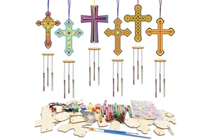 WEDNOK 9 Pack Cross Wind Chime Kit for Kids Make You Own Easter Cross Wind Chimes DIY Wooden Crafts to Paint for Art Activities Easter Decoration Birthday Gift