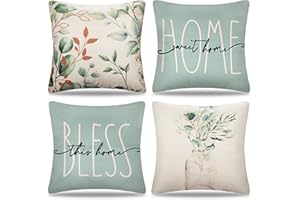 DAKTOU Fundas Cojines Sofa 45x45 Primaver Verde Hojas de Eucalipto Funda de Cojin Decorativos Exterior Plantas Hoja Verdes Suave Lino Funda de Almohada Cuadrado para Sofá Cama Decoración Hogar Juego de 4
