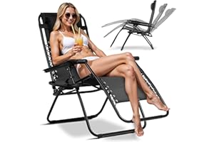 ‎SOFOTEL Sofotel Składany Leżak Ogrodowy Leżak Plażowy Grawitacyjny Z Zagłówkiem i Mini Stolikiem Do 120 kg Czarny ChillWell