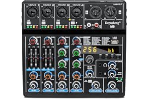 Depusheng M6 DJ mixer Portable Bluetooth MP3 6 channel Sound Mixing Console Built in 256 digital effects with 48V Phantom Power USB interface for computer recording Live Streaming Podcasting Karaok