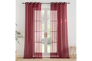 PONY DANCE Tende Moderne per Soggiorno con Effetto Lino 2 Pezzi 140x245 CM Tende Trasparenti con Anelli per Interni Moderne Decorazione Voile Curtains, Rosso