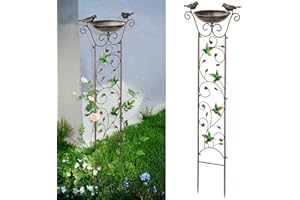 SUNNYPARK Bird Bath with Trellis Outdoor, Antique Garden Iron Plant Trellis with Decorative Hummingbirds Detachable Bird Bath Bowl Metal Potted Plant Support for Climbing Flowers