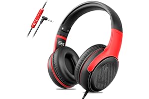 AWATRUE Auriculares infantiles con cable para escuela y viajes, PC y tableta, 85/94 dB, sonido estéreo, plegables para compartir audio, color negro y rojo