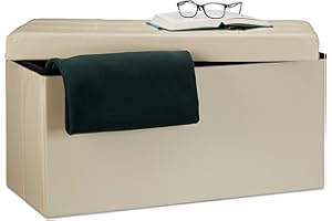 Relaxdays Cassapanca Contenitore, Pouf Pieghevole in Similpelle, HxLxP 38 x 76 x 38 cm, Panca con Coperchio, Crema