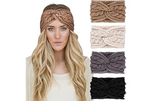 DRESHOW 4 Pièces Bandeau Cheveux pour Femme Bandeaux Hiver Serre-Tête Tricoté Oreille Réchauffeur Chaud Noué Bande Elastique Cheveux